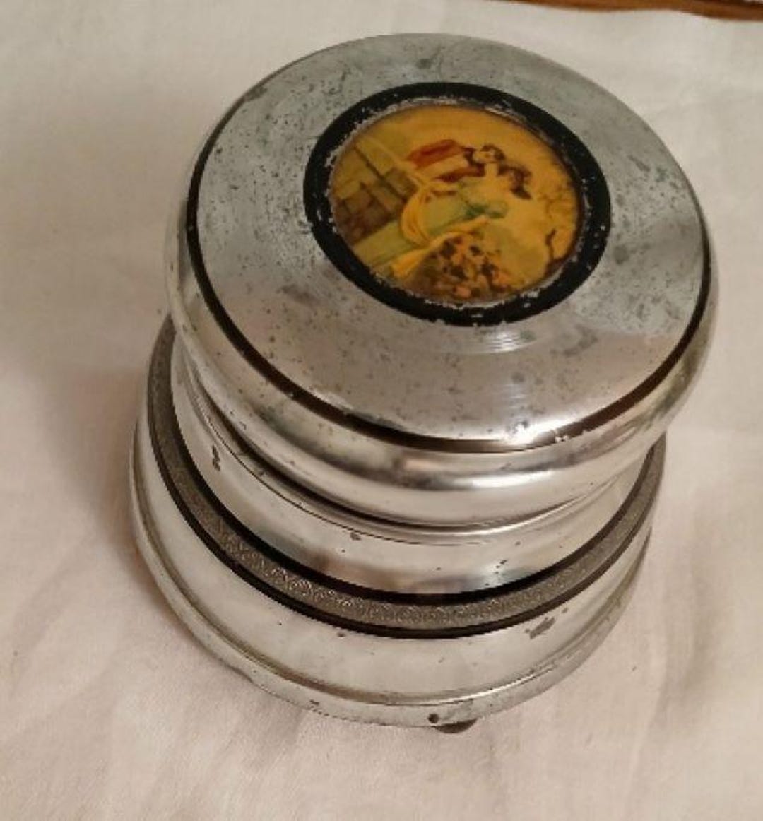 Powder Music Box Vintage Silvertone Round Powder Music Box Art Deco Montif on Lid 1930s ...