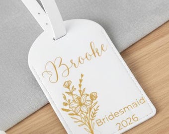 Personalized White Leather Luggage Tag, Gold Floral Bridesmaid Gift