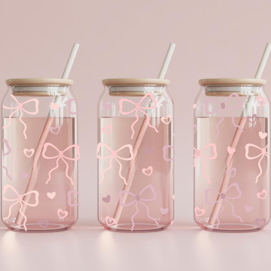 Glass Coquette Tumbler Pink Bow Heart Cup Bamboo Lid Straw Drinking ...