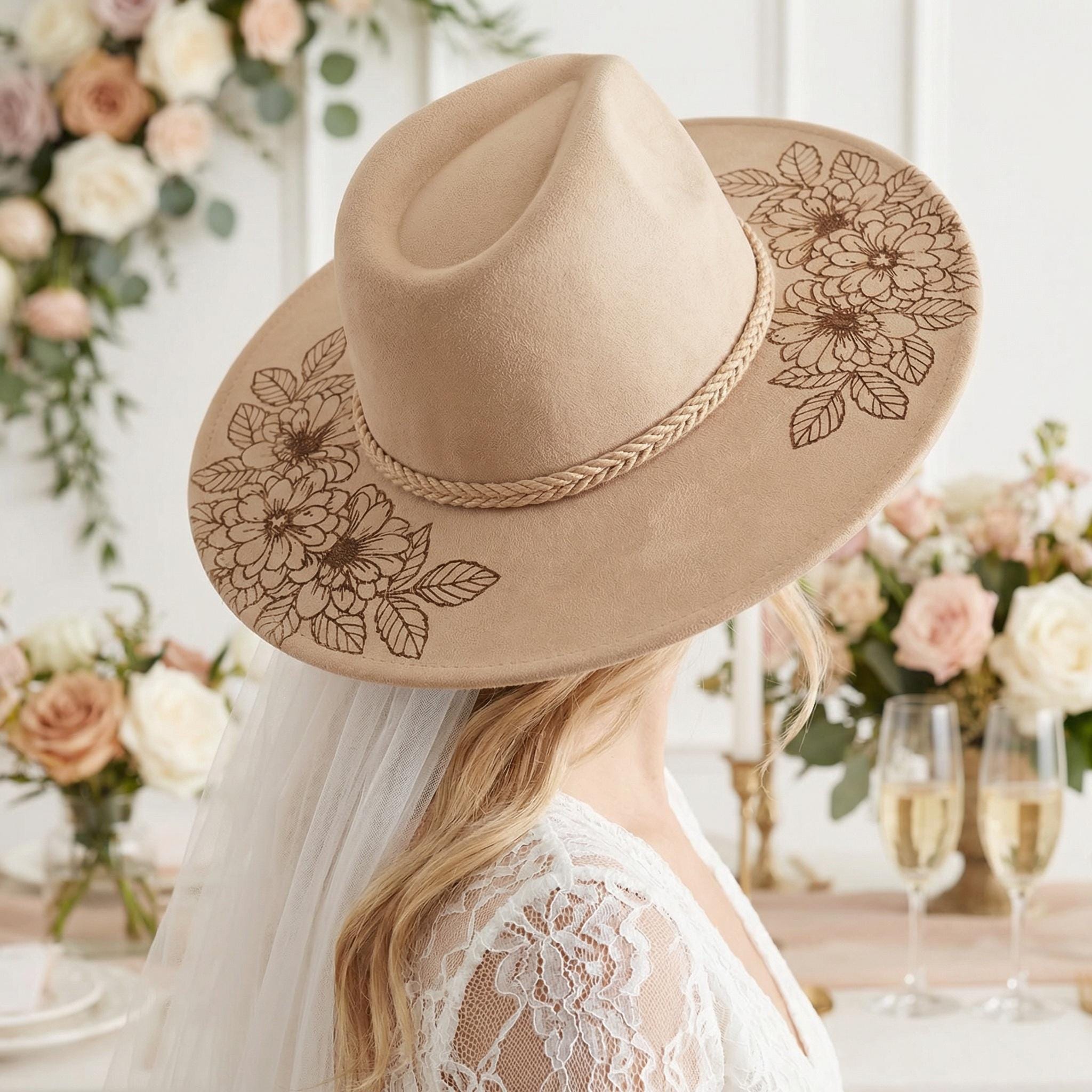 Cream Suede Floral Cowboy Hat Laser Engraved Western Festival Accessory