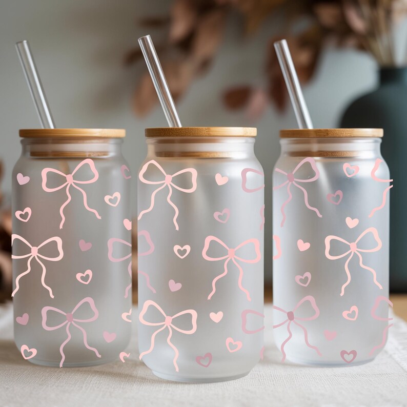 Glass Coquette Tumbler Pink Bow Heart Pattern Cute Cup Bamboo Lid ...