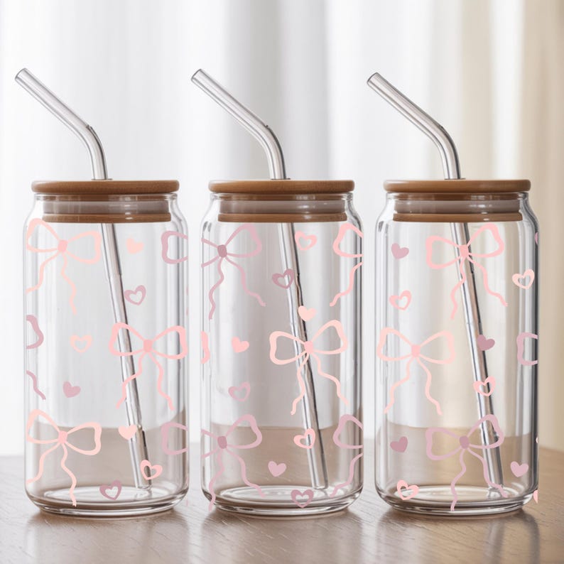 Glass Coquette Tumbler Pink Bow Heart Pattern Cute Cup Bamboo Lid ...