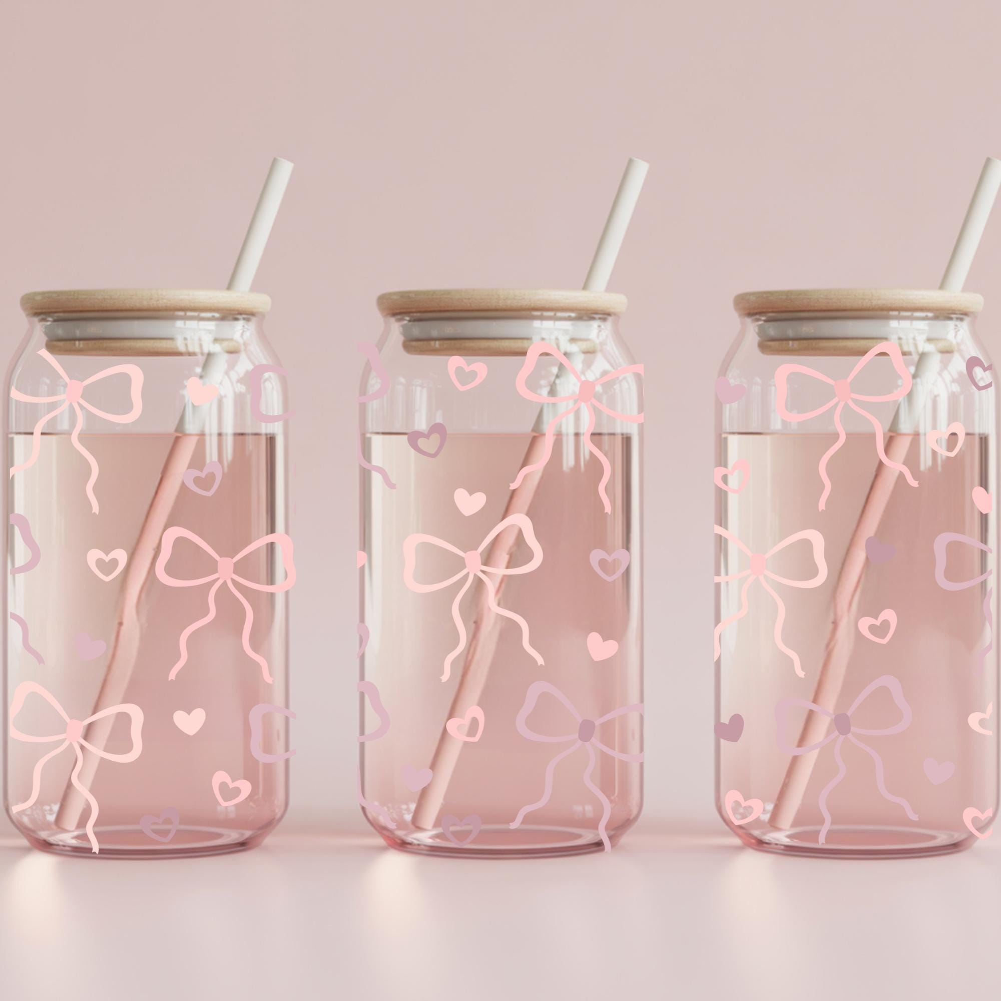 Glass Coquette Tumbler Pink Bow Heart Pattern Cute Cup Bamboo Lid ...