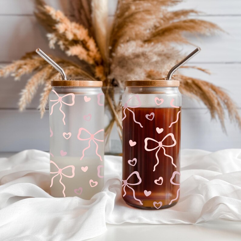 Glass Coquette Tumbler Pink Bow Heart Pattern Cute Cup Bamboo Lid ...