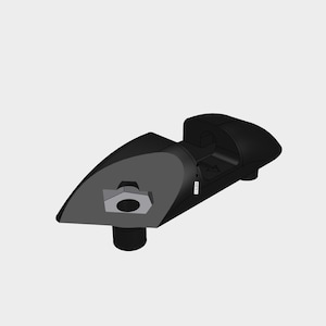 May include: A black, stylized mechanical component with a geometric design. The component features a central hexagonal nut and a cylindrical base. The object has a smooth, matte finish and is set against a plain white background.