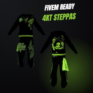 May include: A black tracksuit featuring bright lime green accents and graphics. The hoodie and pants display the text "4KT STEPPAS" and "FIVEM READY" in lime green. The design includes a graphic of a face and a lime green towel accessory.