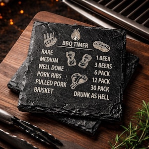Engraved Slate BBQ Timer Coasters – Funny Grilling Drinkware Set