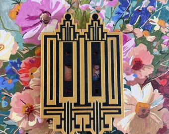 Art Deco Double Light Switch Cover, Modern Geometric Wall Plate, Decorative Duplex Switch Plate, Gold Black Wall Decor, Home Upgrade