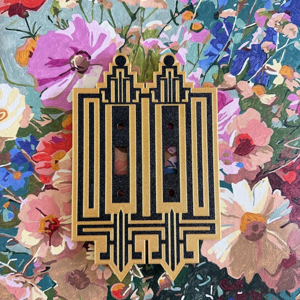 Art Deco Double Light Switch Cover, Modern Geometric Wall Plate, Decorative Duplex Switch Plate, Gold Black Wall Decor, Home Upgrade