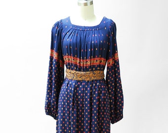 vintage 1970s Saks Fifth Avenue blue rayon print dress / size small medium