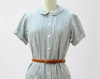 vintage 1960s Villager blue and white striped cotton dress / size extra small