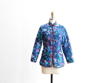 Vintage PEONY Brand Chinese Coat Sz 36 S Floral Silk Green