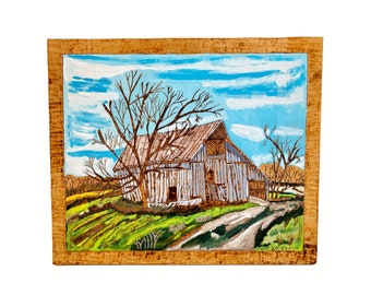 vintage New England farm folk art painting