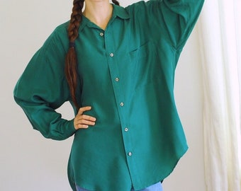 vintage forest green silk blouse / size medium large