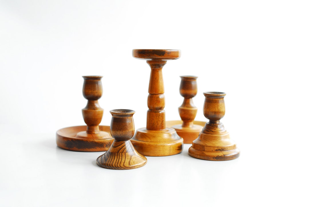 Vintage Turned Wood Candlestick Holders - Etsy