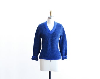 vintage 1960s Jane Irwill blue and black mohair bouclé knit sweater / size small medium