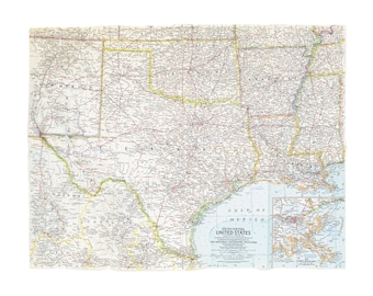 vintage 1960s South Central United States map / Texas map poster wall art