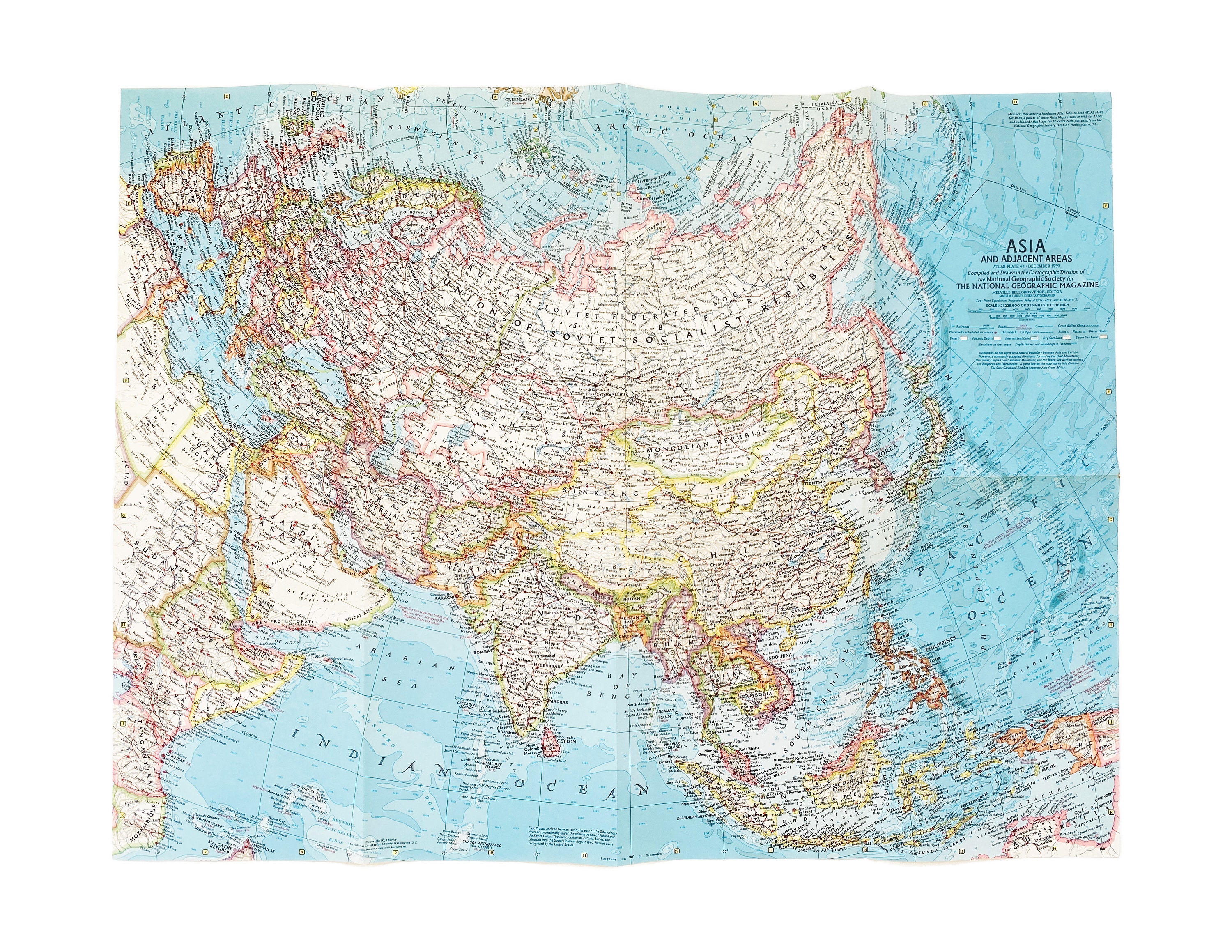 vintage 1950s Asia and Adjacent Areas map poster wall art