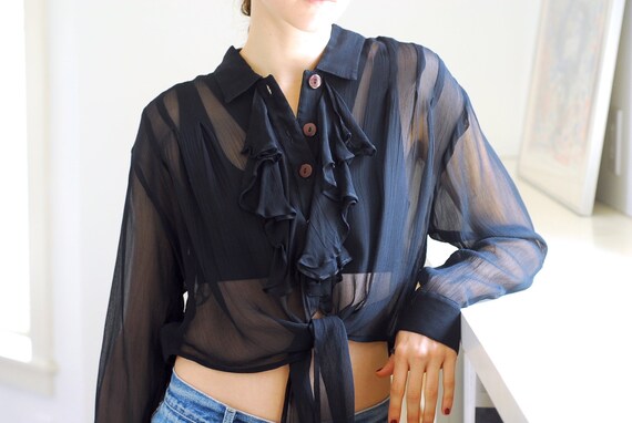 vintage black sheer rayon blouse / size small