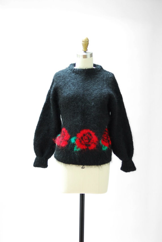 vintage black and red rose mohair wool sweater / s