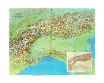 vintage 1960s The Alps / Switzerland, Austria, & Northern Italy double sided map poster wall art