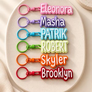 Op de afbeelding: Zes kleurrijke siliconen sleutelhangers met metalen ringen en sluitingen, elk met een verhoogde witte naam: Eleonora in roze, Masha in paars, PATRIK in blauw, ROBERT in lichtgroen, Skyler in oranje en Brooklyn in rood, verticaal gerangschikt.