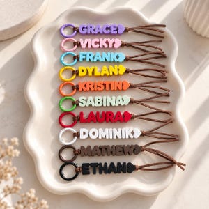 Peut inclure: Un ensemble de dix porte-clés personnalisés, chacun composé d'un anneau en plastique circulaire, d'un cordon en similicuir marron et de perles lettres en plastique coloré formant les prénoms Grace, Vicky, Frank, Dylan, Kristin, Sabina, Laura, Dominik, Mathew et Ethan.