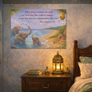 May include: A framed canvas print depicts three elephants playing in the ocean near a beach. The artwork includes text from the Holy Quran. A lit lantern and books sit on a wooden nightstand next to a bed.