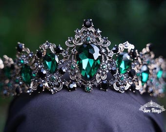 Sultry Vintage Emerald Green Crystal Tiara Bronze Bridal Goth Gift Diadem