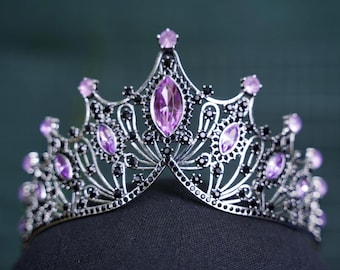 Tiara de noiva em camadas preta e roxa, coroa gótica vintage em metal prateado para aniversário.