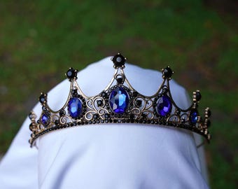 Diadema blu zaffiro nero, corona da sposa, regalo di compleanno o matrimonio, vintage gotico, per ballo di fine anno, in metallo.