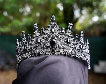 Tiered Black Crystal Tiara Bridal Goth Crown Birthday Wedding Gift Diadem Vintage prom metal