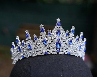 Tiara de cristal azul royal, coroa prateada para noivas, presente de aniversário ou casamento.