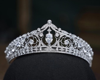 Tiara oval vintage prateada com cristais e gemas, coroa de noiva para aniversário e casamento.