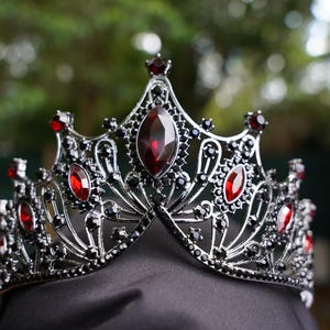 以下が含まれることがあります： 赤と黒の宝石がちりばめられた、銀色の王冠。王冠の中央には楕円形の赤い宝石があり、周囲には小さな赤い宝石が配置されています。対称的で詳細なデザインで、特別な機会に適しています。