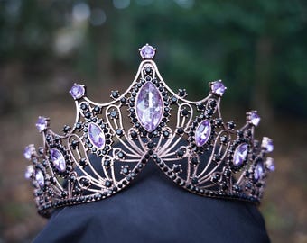 Tiered Purple Crystal Tiara Rose Gold Metal Bridal Crown Birthday Wedding