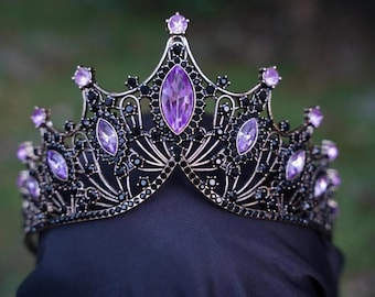 Tiara ślubna w kolorze czarno-fioletowym, korona gotycka, prezent urodzinowy, ślubny, diadem, barokowy, metaliczny, ciemny bal maturalny