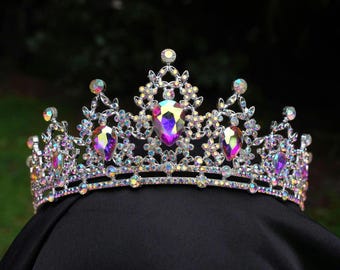 Tiara pequena holográfica de cristal, coroa prateada e rosa para noivas, presente de aniversário ou casamento.
