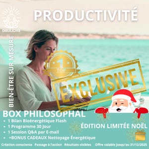 Può includere: Immagine promozionale con la parola "PRODUCTIVITÉ" in alto. Una donna lavora su un laptop. L'immagine include il testo "EXCLUSIVE" e "BOX PHILOSOPHAL". C'è una grafica di Babbo Natale e le parole "ÉDITION LIMITÉE NOËL".