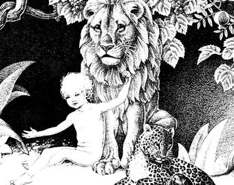 1937 Dorothy P Lathrop Print JESUS LION Lamb Child Shall Lead Them Christian print Biblical art Vintage Bible Story Prints Illustrations