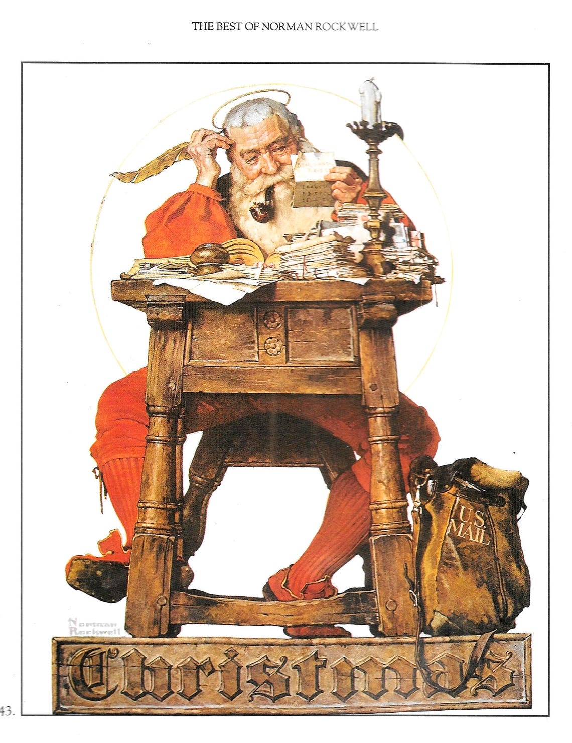 Large Norman Rockwell print Christmas SANTA Reading MAIL USPS image 0