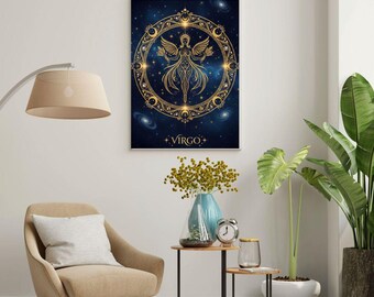 Arte mural del zodiaco Virgo, póster imprimible de astrología, descarga digital, decoración minimalista y lujosa del zodiaco.
