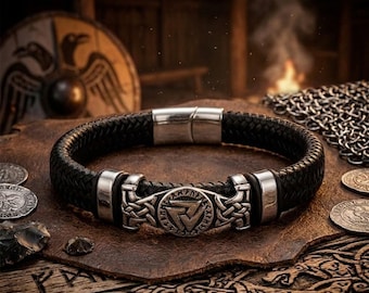 Handgefertigtes Wikinger-Lederarmband, Valknut-Runen, Schmuck aus der nordischen Mythologie für Herren