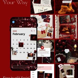 Op de afbeelding: Een collage met een rood en wit thema. Bevat een telefoonscherm met een kalender voor februari 2026, Valentijnsdagkaarten, een taart en de teksten "Branding Your Way" en "Easy to edit Social Media Templates."