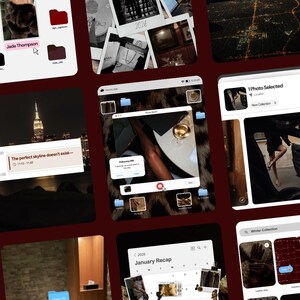 Op de afbeelding: Een collage van iPhone-screenshots met foto's, mappen en tekst. Eén screenshot toont de tekst "Jade Thompson". Een andere toont een kalender met de titel "Januari Recap 2026". Andere schermen tonen foto's en tekst, waaronder een citaat over dromen.