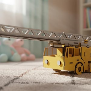 May include: A yellow wooden toy fire truck with a silver ladder extended. The toy has detailed cutouts for windows and wheels. The toy is sitting on a patterned carpet in a child's room.