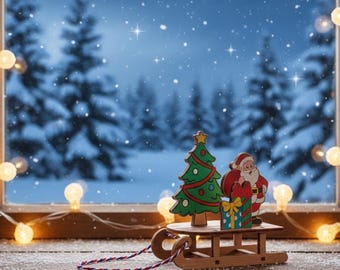 May include: A festive Christmas scene featuring a wooden sled carrying a green Christmas tree, Santa Claus, and a wrapped gift. The scene is set against a snowy winter backdrop, with a string of warm lights framing the window.