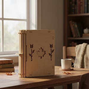 Peut inclure: Une boîte en bois clair en forme de livre avec une découpe de feuille d'érable et des motifs floraux. La boîte est posée verticalement sur une table en bois, près d'une fenêtre et d'une bibliothèque.