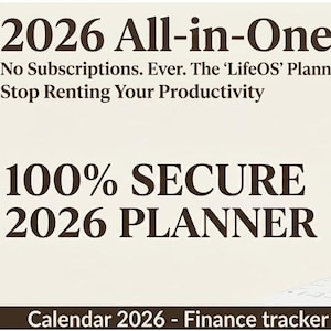 Könnte beinhalten: Ein digitales Tablet mit einer Dashboard-Oberfläche mit Kalender-, Finanz-, Ziel- und Gewohnheitsverfolgungsfunktionen. Der Text lautet "2026 All-in-One Dashboard" und "100% Secure 2026 Planner". Das Tablet liegt auf einer weißen Tastatur.