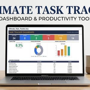 May include: A laptop displaying an Ultimate Task Tracker dashboard with colorful charts, status bars, and task lists. Text includes Google Sheets Compatible, Excel Optimized, Automated KPIs, Real-time Overviews, Priority Breakdown, and Deadline Tracking.